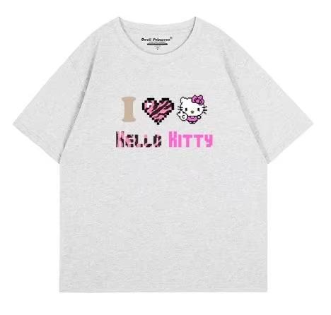 

2026 Summer Hello Kitty Oversized Tshirt High Quality 100 Cotton Pixel Zebra Print Unisex Y2K Casual Tee for Adults Kids S