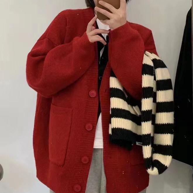 

Autumn/Winter 2025 Retro Loose Knit Cardigan Sweater - Women s Casual Korean Style One Size красный