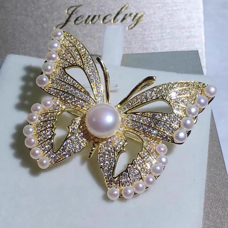 Sparkling Diamond Butterfly Pearl Brooch Elegant Corsage Pendant Pin  Accessories