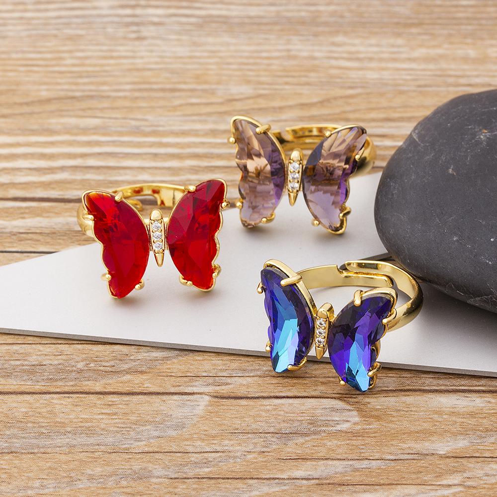 Nidin New Fashion Design Gorgeous Butterfly Ring Sweet 10 Colors Transparent Crystal Adjustable Rings for Women Party Jewelry