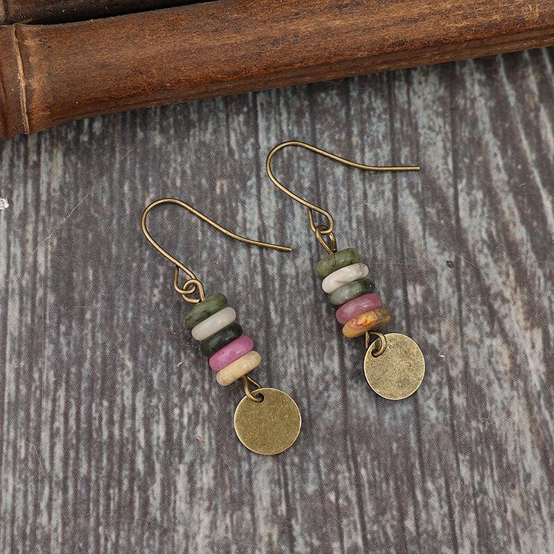 Vintage Gold Color Geometric Shape of Colored Glass Beads Spliced Together Dangle Earrings Metal Earrings for Women