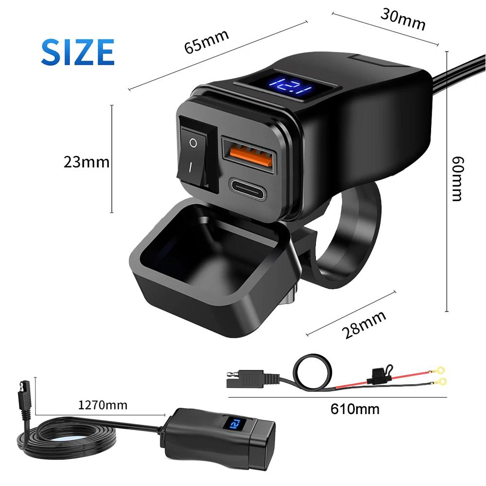 60W PD Dual QC3.0 Motorcycle USB Charger Fast Charging With Voltmeter Thermometer Digital Display Mobile Phone Charger Socket