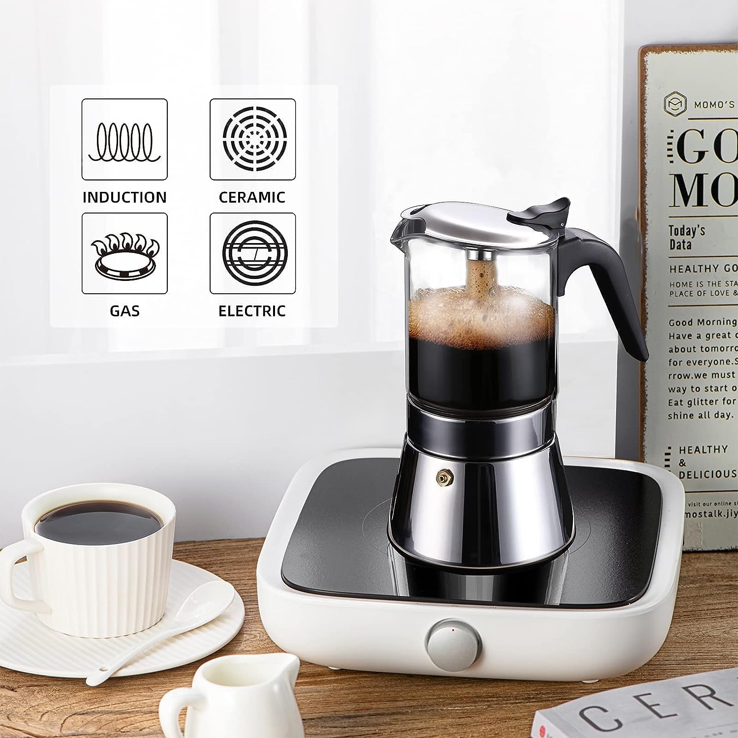 Caffettiera In Acciaio E Acrilico 4 Tazze – Trasparente, Piano Cottura, Design Moderno E Impugnatura Ergonomicamente