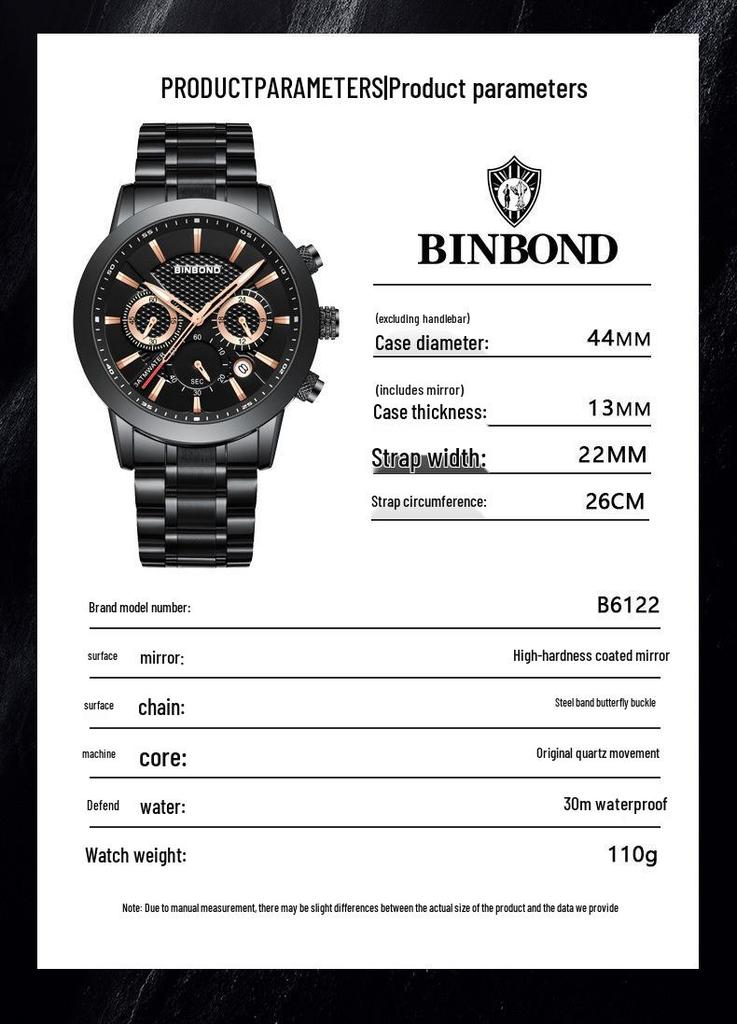 BINBOND Men's Waterproof Quartz Sports Watch with Steel Strap and Dual Eye Multifunction.