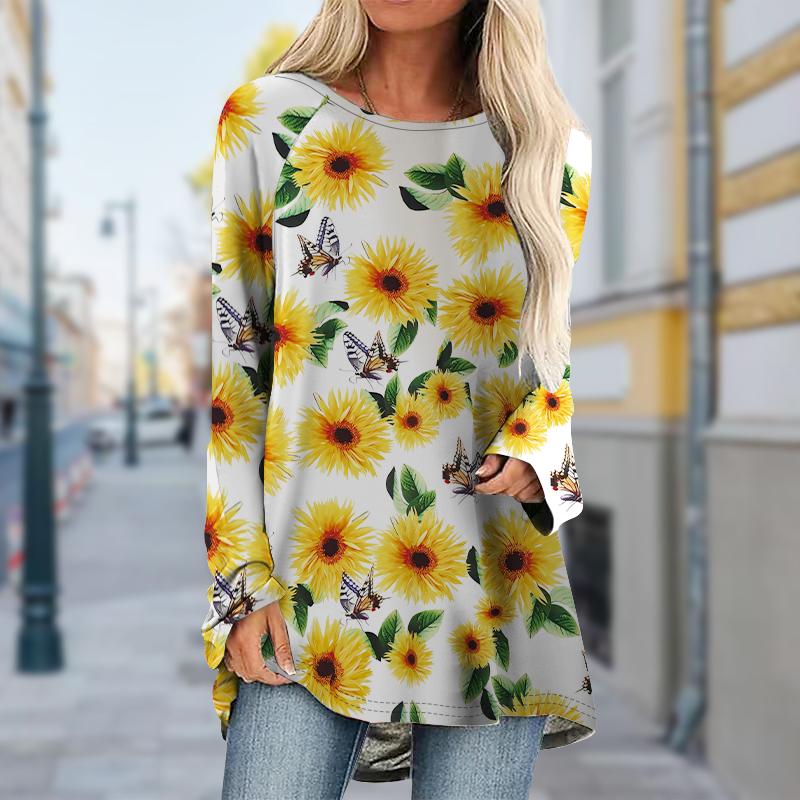 

Плюс размер Женская осенняя фиолетовая футболка с принтом подсолнухов, удобная, с длинным рукавом и круглым воротником, повседневные мешковатые футболки средней длины 8XL жёлтый