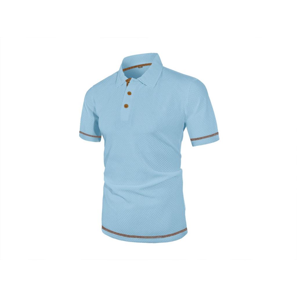 Men's Summer Ice Silk Fiber Short Sleeve T-shirt - Breathable Striped Casual Top with Classic Collar and Button Details