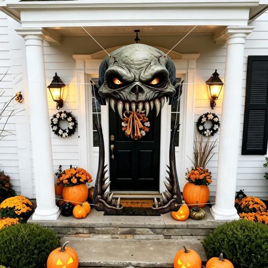 Front Door Background Decor Halloween Giant Skull Banner, Spooky Skeleton Porch Hanging Creative Scary Entrance Banners for Yard, Outdoor Party