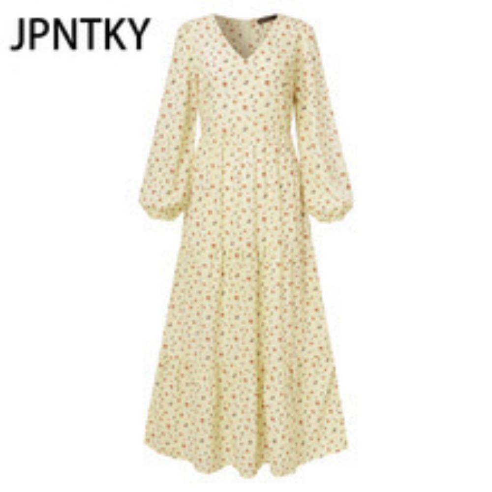 

JPNTKY Женское мини-платье с оборками, макси-платье с цветочным принтом, с длинным рукавом, V-образным вырезом, повседневные платья XXXXXL жёлтый