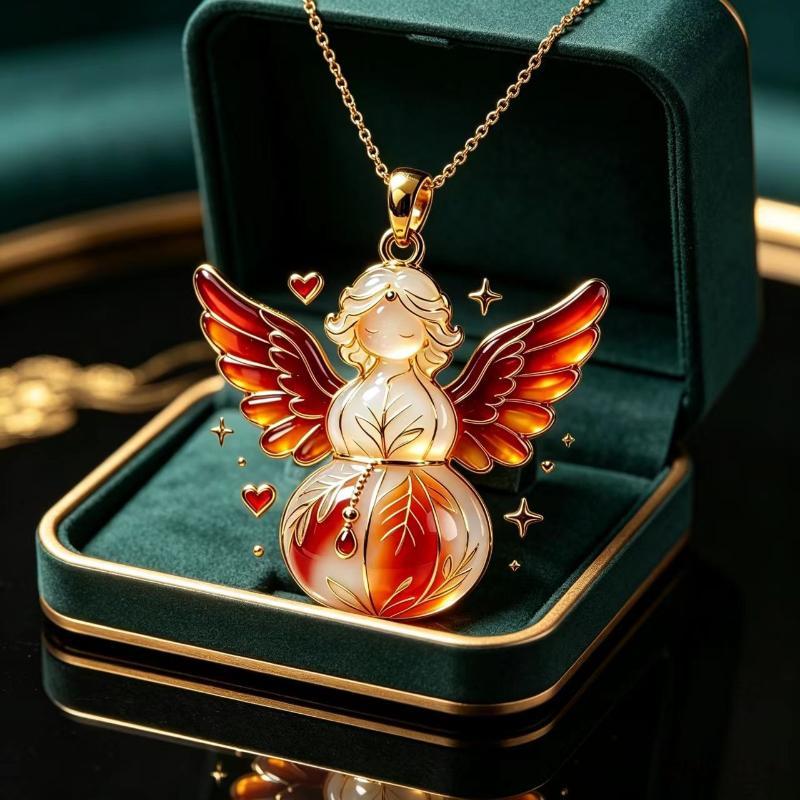 Ethnic Imitation Jade Gourd Pendant with Angel Wings Charm Blessing Jewelry for Christmas Gift for Family