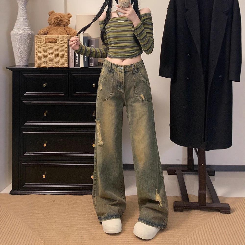 

Women s Distressed Ripped Wide-Leg Jeans - Spring/Autumn 2025 High Street Loose Fit Trend Large