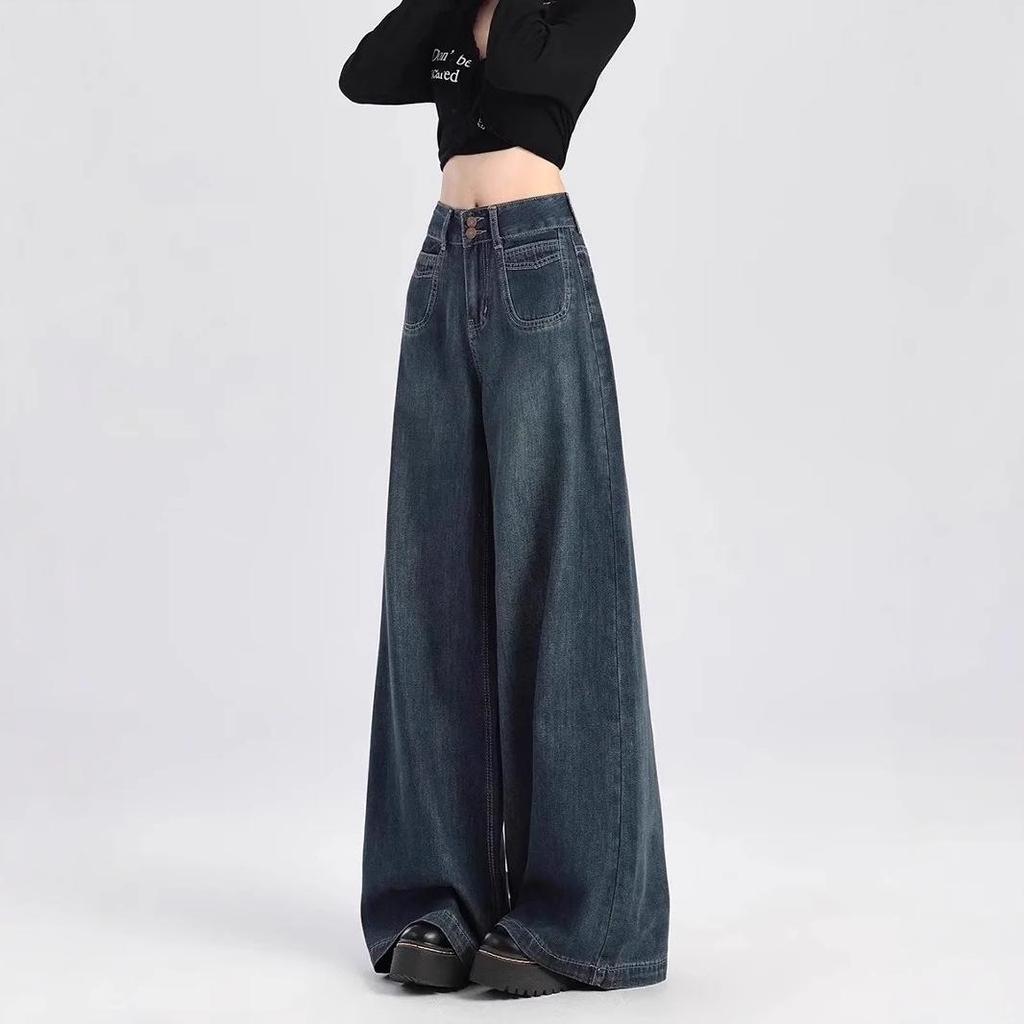 Women's High-Waist Wide-Leg Dark Blue Jeans - Retro, Slimming, Floor-Length, Spring/Autumn 2025 Collection
