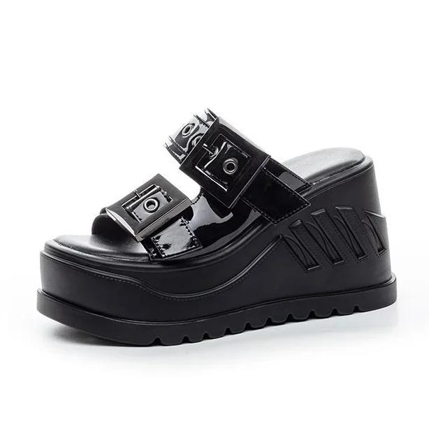 Fashion 10CM New Women's Summer Outdoor Beach Wedge Heel Thick Bottom Slip-On Slippers High Heels Buckle Shoes 2025 Ladies Flat Sandals
