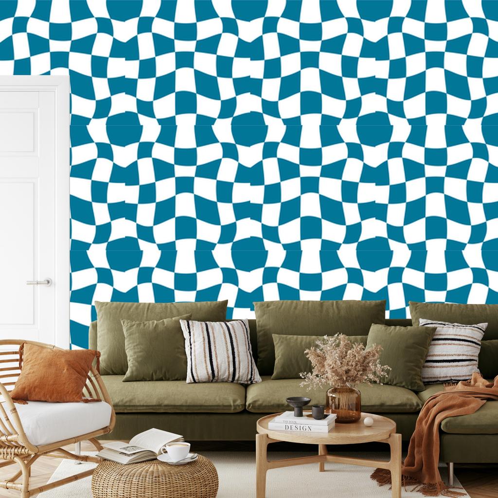 Wallpaper Casual checkerboard turquoise and white, turquoise background 50x1000