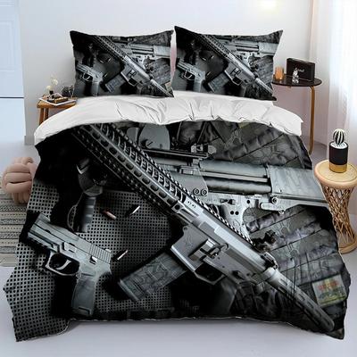 3D Gevär Revolver Patron Vapen Täckset Sängkläder, Påslakan Sängset Quiltöverdrag Örngott, King Queen Storlek Sängklädesset