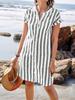 Women's Stand Collar Short Sleeve Shirt Loose Fit Elegant Striped Tunic Cotton Polyester Casual Beach Shirt Dress