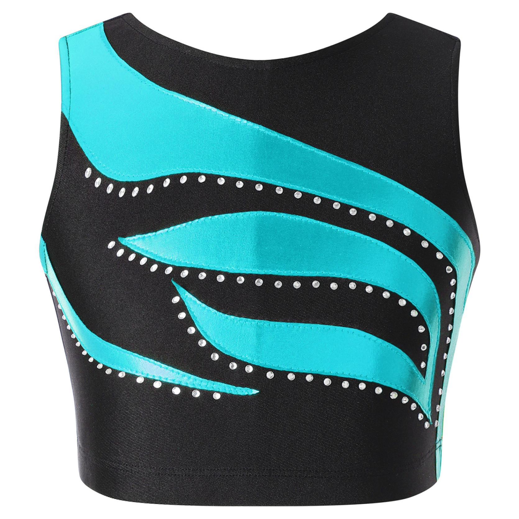 

Блестящий топ для танцев со стразами для девочек, жилет без рукавов с круглым вырезом для джаза, майка на бретелях 11-12 Years озеро зеленый