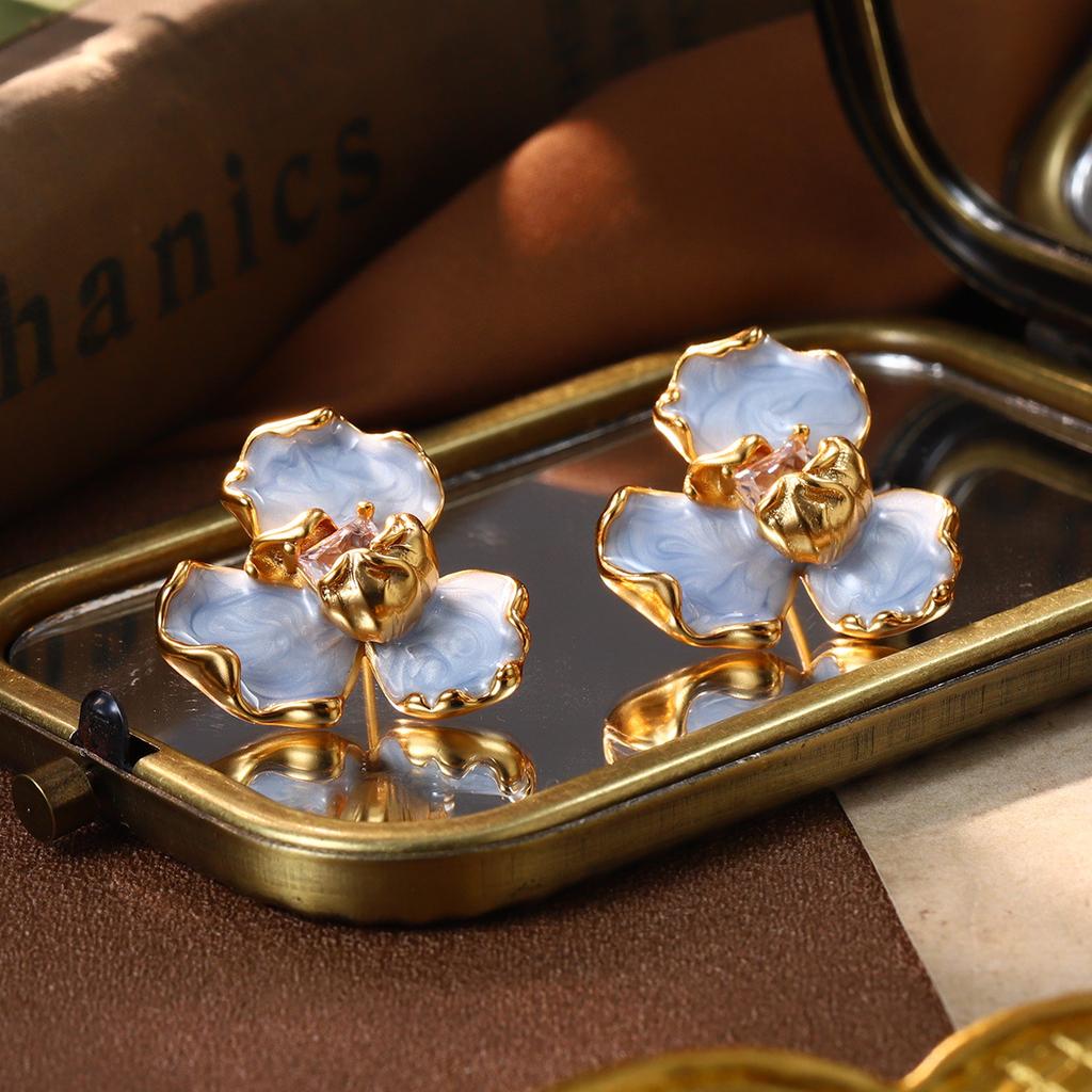 Monet Garden Oil Painting French Medieval Vintage Earrings Enamel Oil Drop Earrings Flower Natural Pearl Stud Earrings