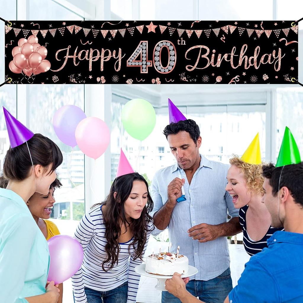 40th Birthday Banner Decorations for Women, Rose Gold Happy 40 Year Old Birthday Sign Party Supplies, Forty Bday Party Decor Photo Booth Props for