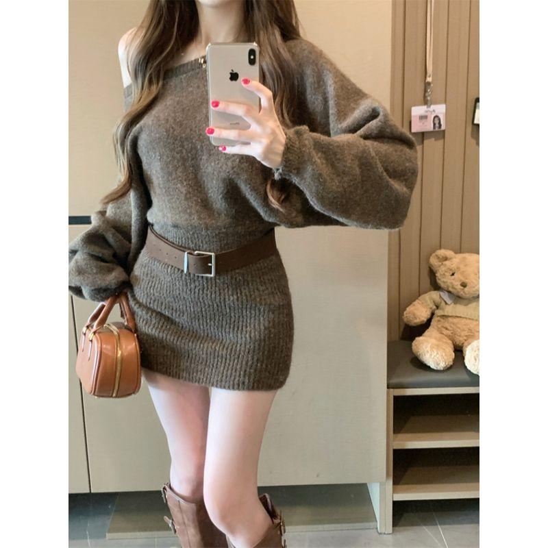 Kumikumi Pure Desire Style Sloping Shoulder Sexy Temperament Long sleeve Knitted dress Women Autumn Waist Hugging Slimming Sheath Skirt