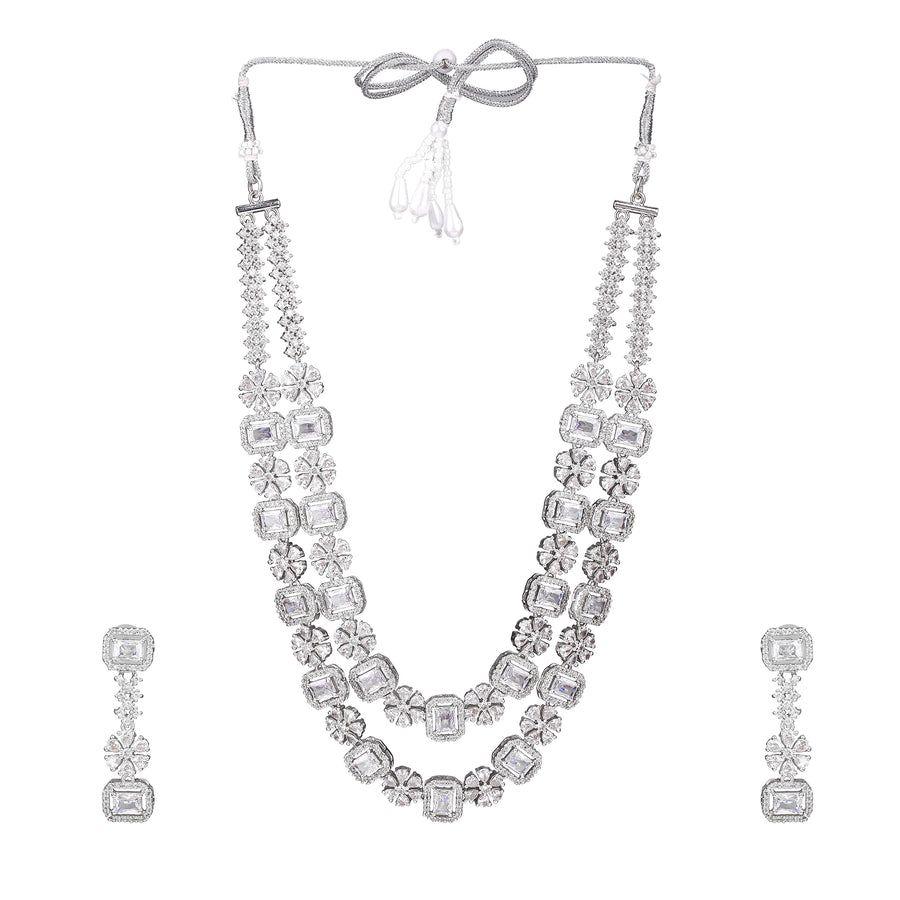 Stunning Designer Estele Double Layer Necklace Set with Rhodium Plated CZ and White Crystals for Women