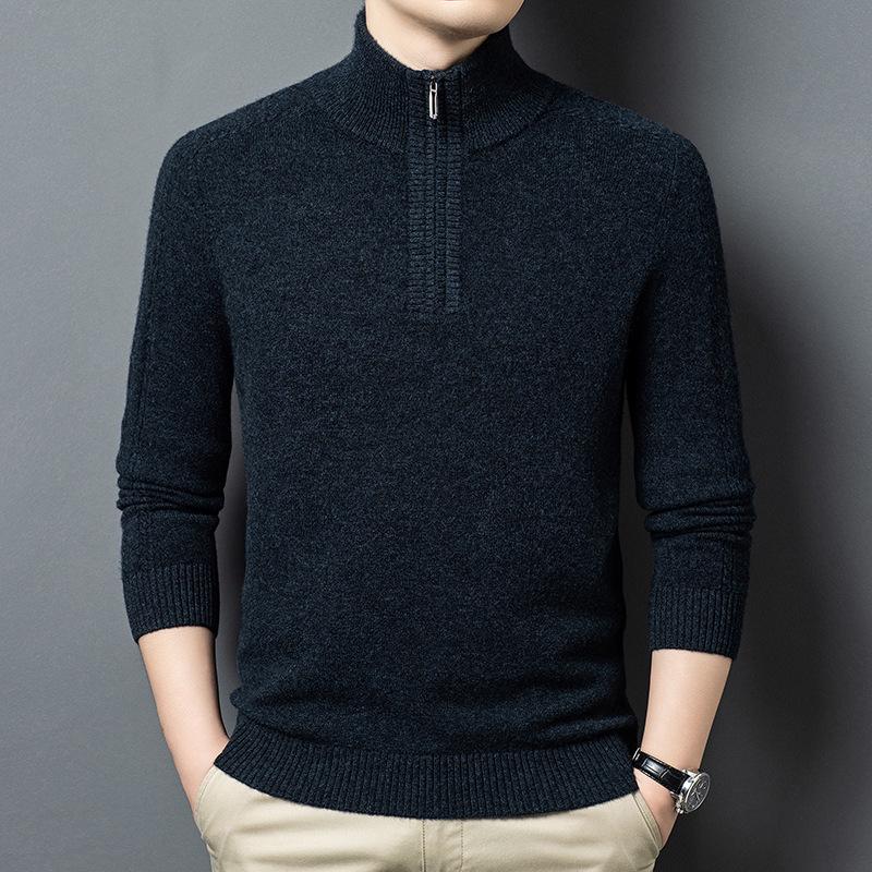 Men's 100% Merino Wool Half-Zip Pullover Sweater - Warm Winter Wear for Middle-Aged Men