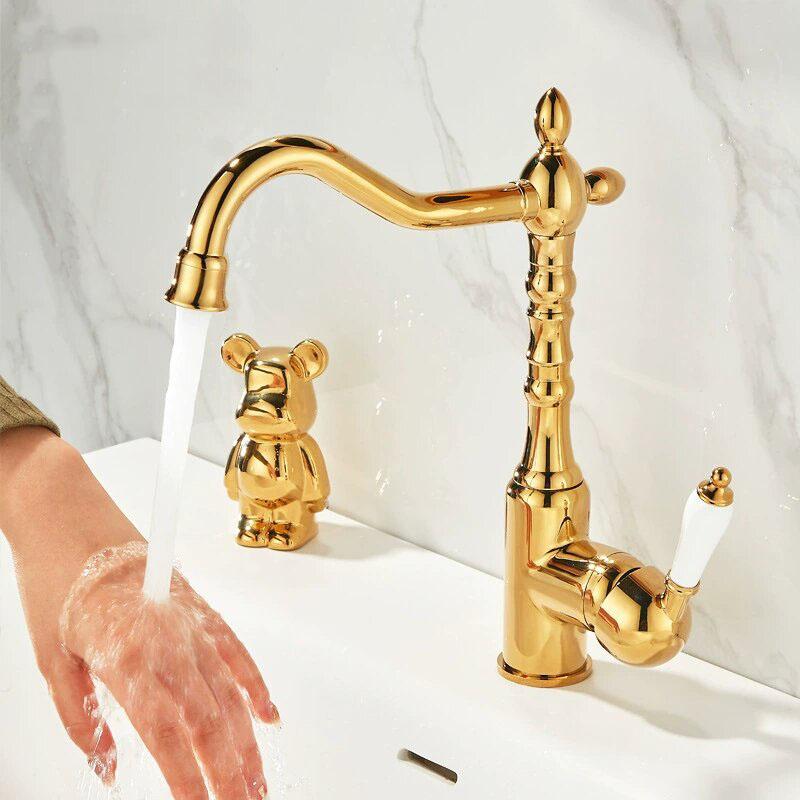 Goldenes Beckenarmatur Chrom Warm- und Kaltwasser-Mischer Antike Waschbeckenarmatur Wasserhähne Das Becken 360° drehbare Armaturen