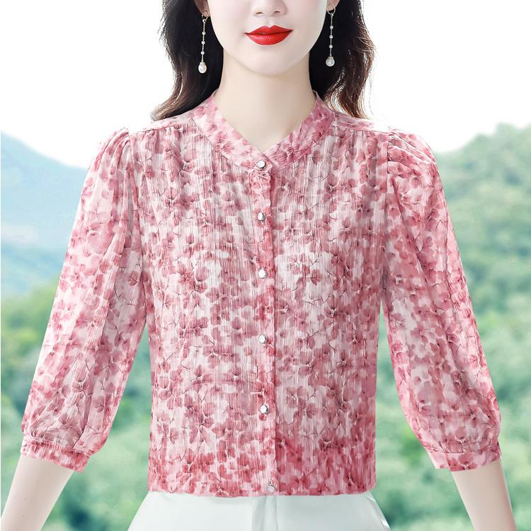 Šifonová košile s tříčtvrtečními rukávy Letní Nová Volná a Módní Košile Květinový Stojáček Šifonový Top