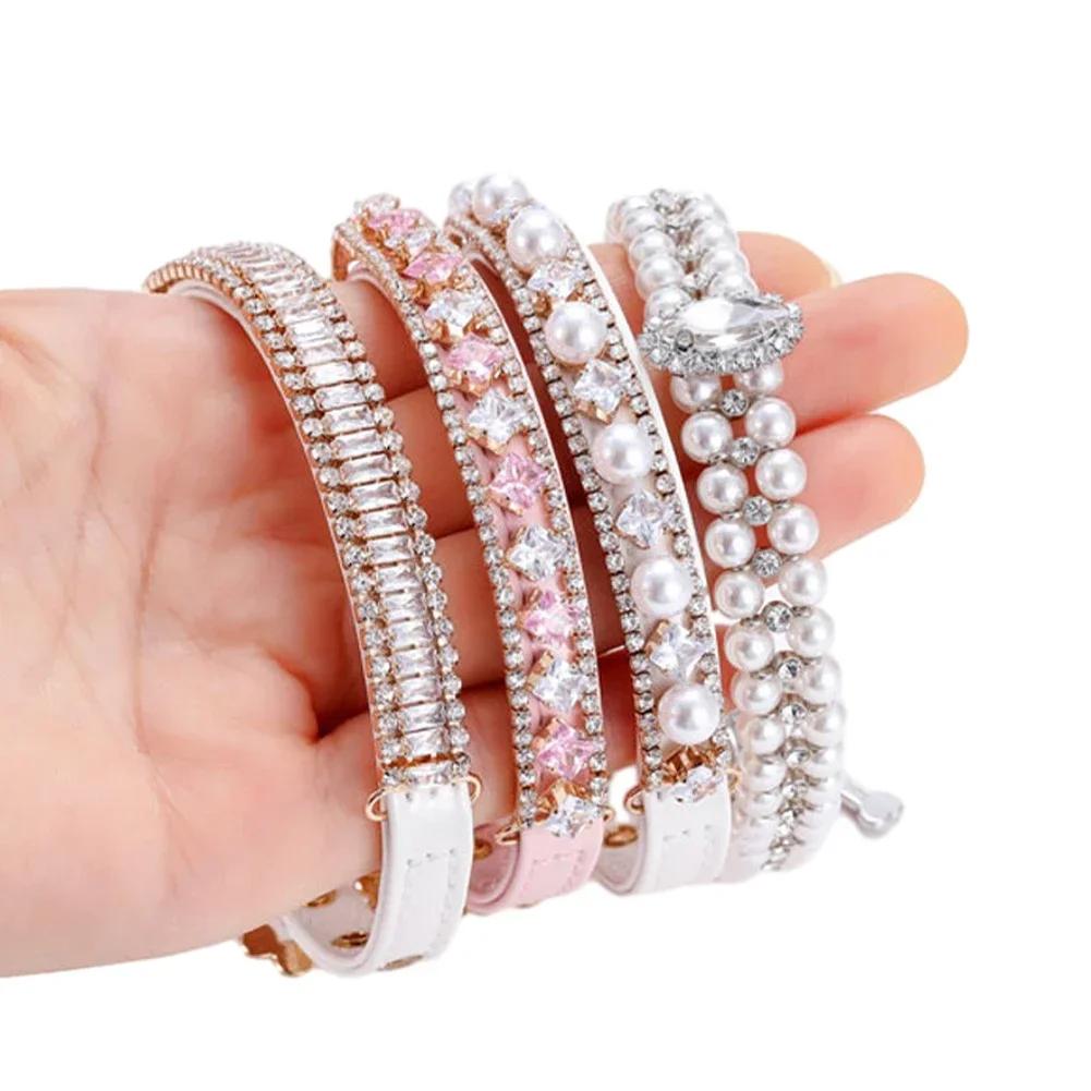 Luxury Pet Dog Pearls Collar and Leash Pearls Puppy Necklace Leather Pearl Leash with Crystal Rhinestone Small Dog Accessories