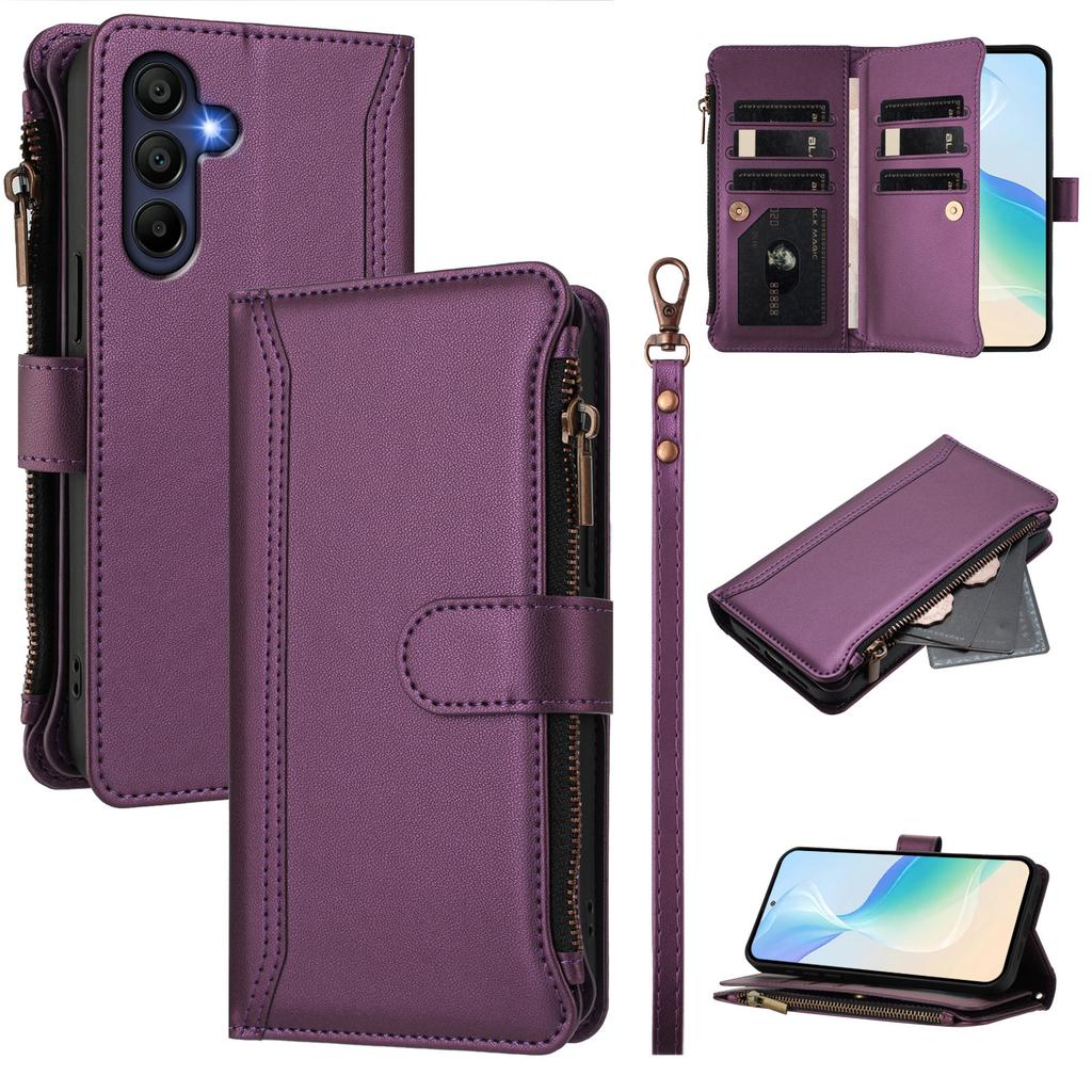 For Samsung Galaxy A26 5G Leather Case 9 Card Slots Zipper Wallet Stand Phone Cover with Wrist Strap