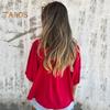 Camicia da donna abbottonata estiva a maniche corte a sbuffo con scollo a O, top casual a vestibilità ampia con pieghe per l'uso quotidiano, le vacanze