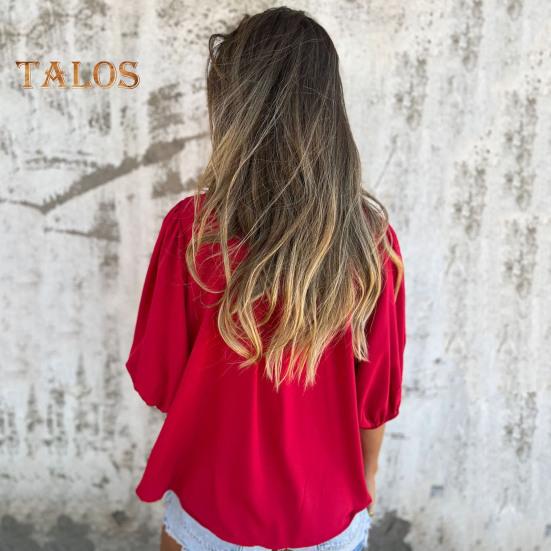 Camicia da donna abbottonata estiva a maniche corte a sbuffo con scollo a O, top casual a vestibilità ampia con pieghe per l'uso quotidiano, le vacanze