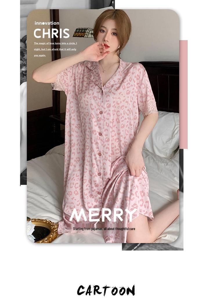 Summer Leopard Print Lace Ice Silk Nightgown - Women's Luxury Short Sleeve Sleepwear