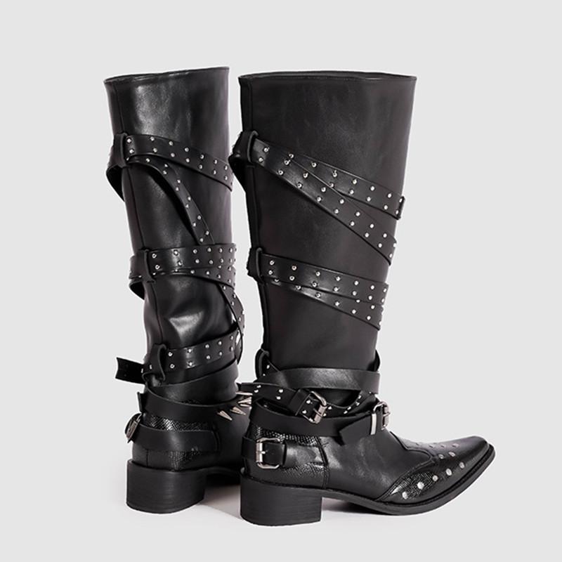 Fashion Vintage Leather Rivet Spike Belt Buckle Women Motorcycle Boots Fashion Autumn Winter High heels Punk Cowboy Knight Boots Shoes