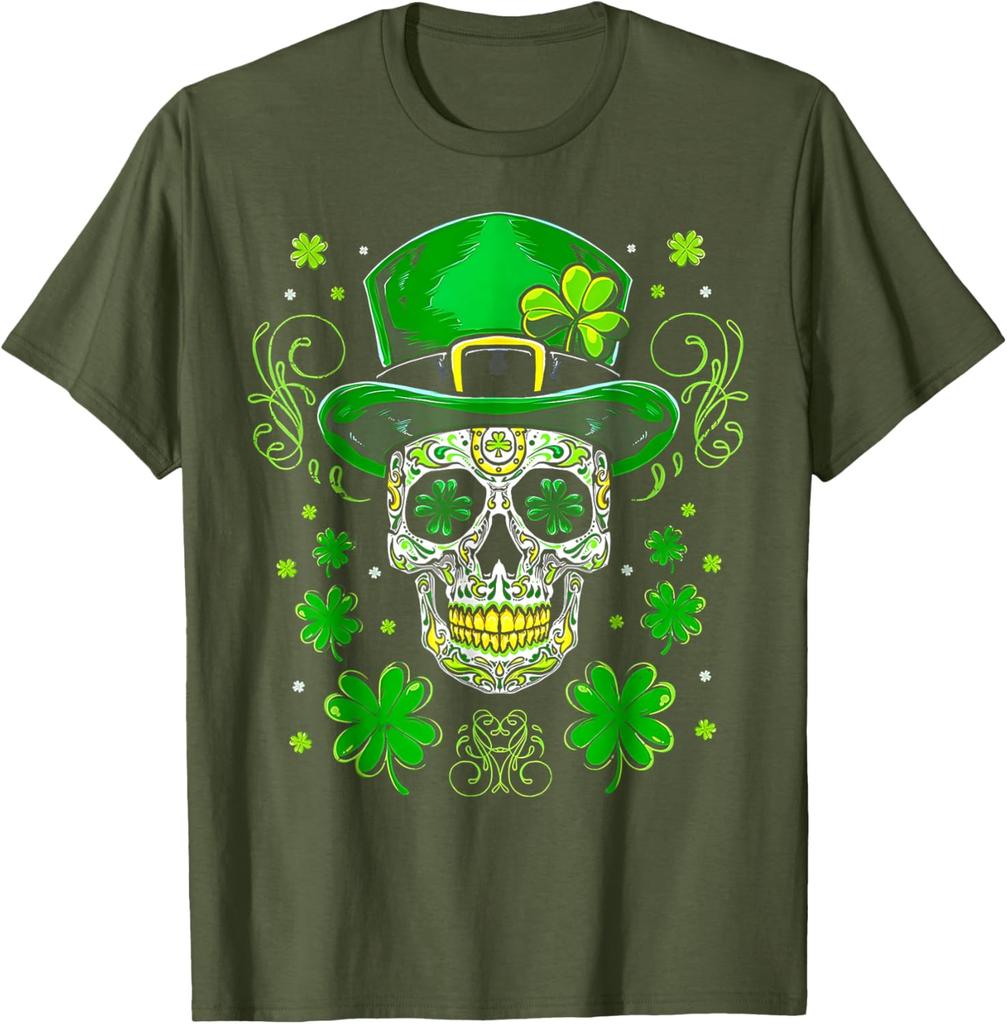 Sugar Skull Leprechaun Hat St Patrick Day Graphic Tee Cotton Short Sleeve Casual T-Shirt for Men