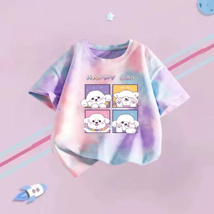 Girls Summer Short Sleeve T Shirt Tie Dye Cartoon Print Stylish Casual Top