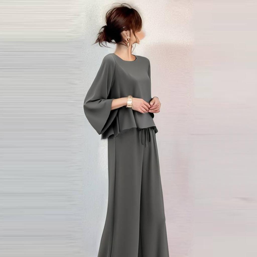 Vår Dam Casual Kostym Rundhalsad Utsvängd Långärmad Topp Utsvängda Byxor Tvådelad Kostym