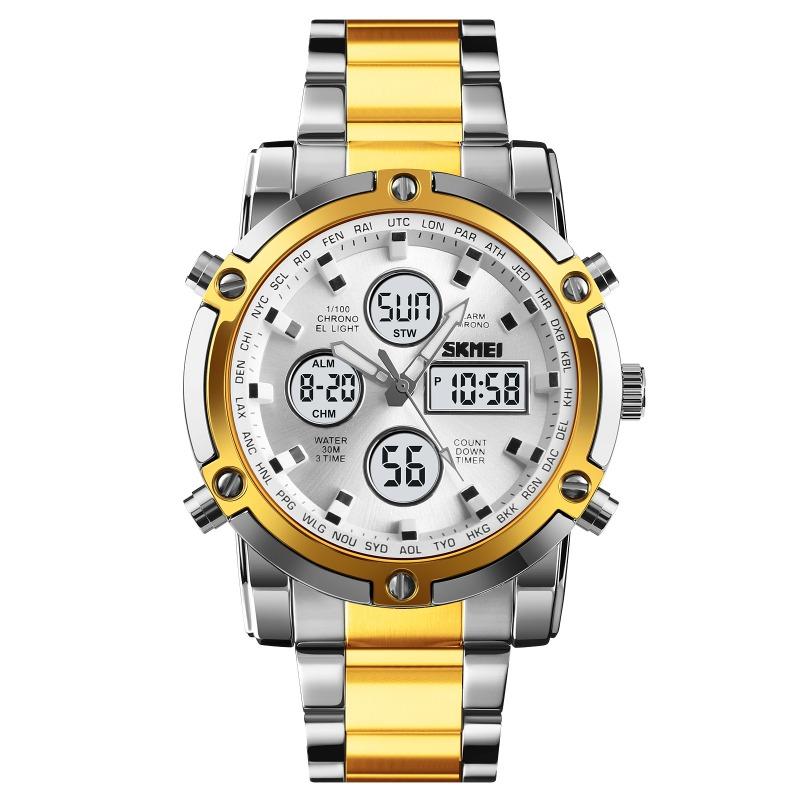 Dual Display Electronic Watch, Multi-function Steel Strap, Large Dial, Three-time Men's Waterproof Watch