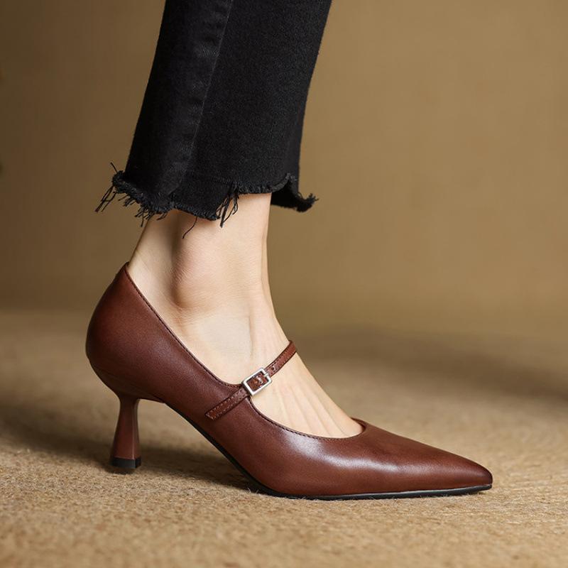 Casual Solid Color Light Mouth Low-top Single Shoes, New Comfortable Pointed Small Leather Shoes, Genuine Leather Large Size Medium Heel Beef T