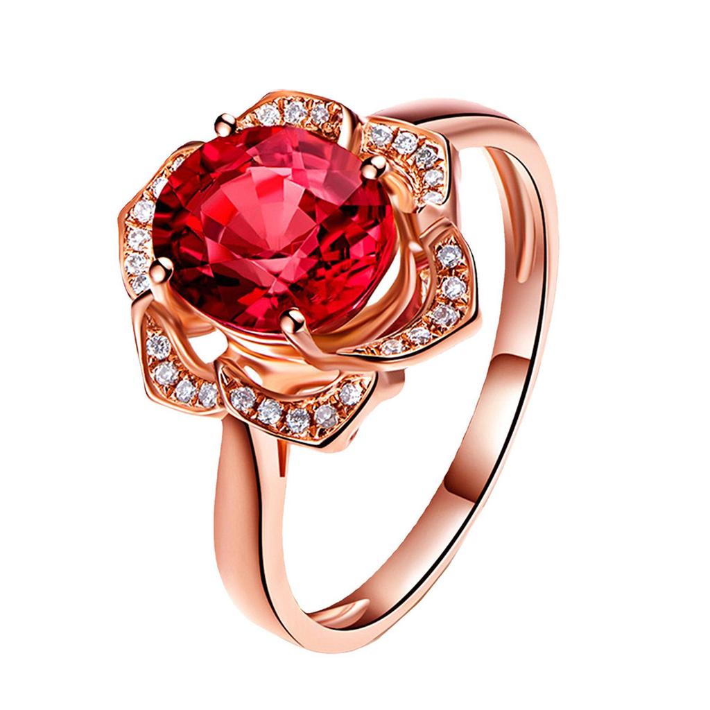 Elegant Red Tourmaline Gemstone Ring: Natural Red Tourmaline with Diamond Cluster in 18K Rose Gold Plated Floral Design