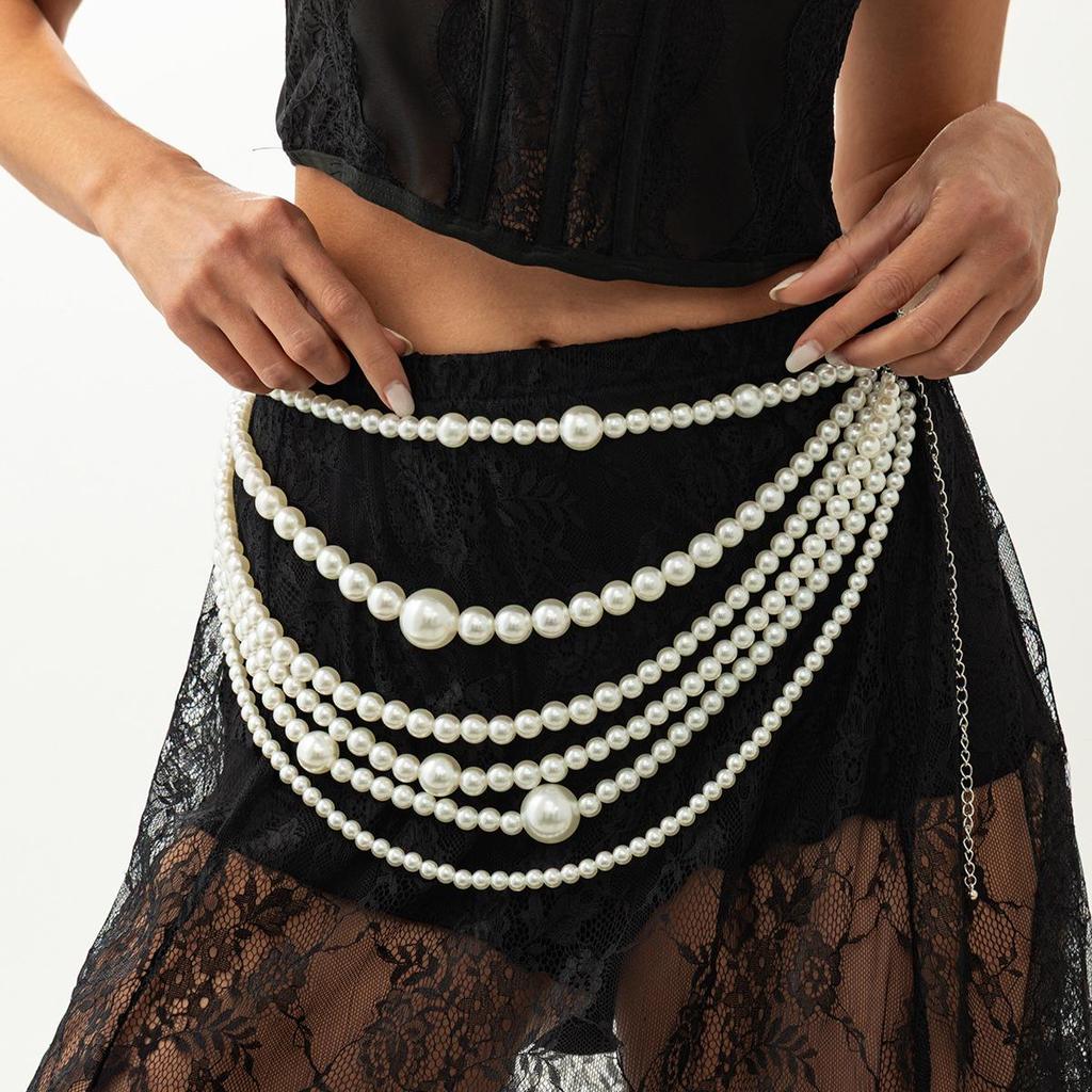 Elegant Faux Pearl Double-Layer Waist Chain – Women's Fashion Metal Bikini Body Chain