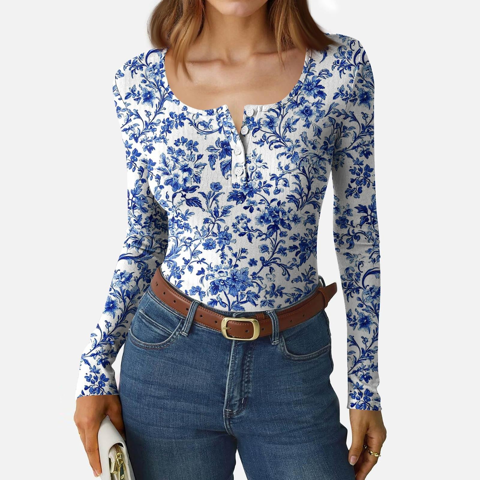 

Жіноча приталена футболка Мода Кежуал Градієнтний принт Круглий виріз Пуловер З довгим рукавом Топ L синій