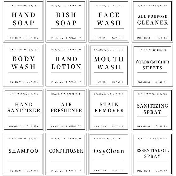 16 PCS Waterproof Labels for Glass/Plastic Bottles, Bathroom/Kitchen Hand Soap Dispenser Label Stickers, Removable Cleaning Labels for Lotion,