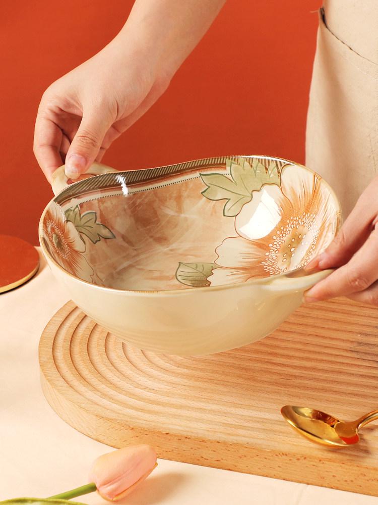 Jasmine 8-Inch Double-Ear Ceramic Bowl – Japanese Style Soup, Salad, or Fruit Bowl with Creative Underglaze Design