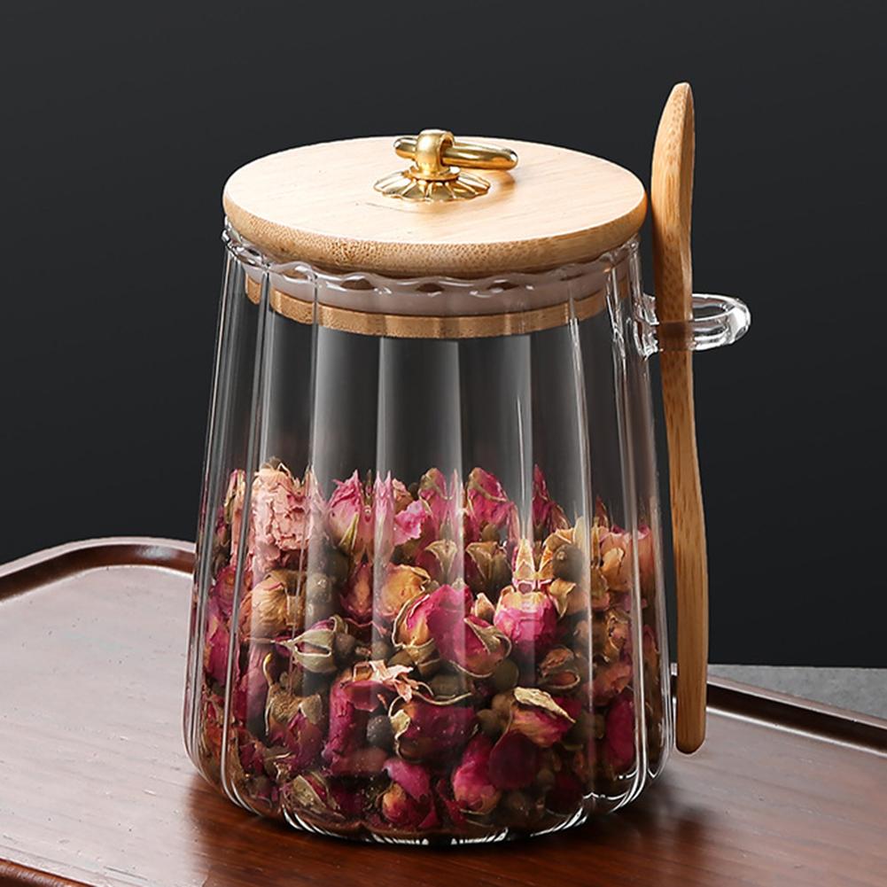 Clear Glass Sealed Storage Tank Tea Coffee Bean Dried Fruit Storage Box with Bamboo Lid Kitchen Grain Storage Jar Container