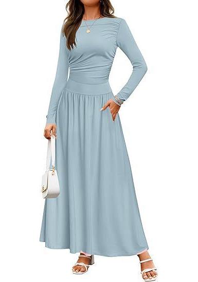 JPNTKY Fashion Autumn Winter Solid Color Print Long Sleeve O-Neck Casual Dresses Unique Design