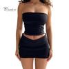 Women's Two Piece Skirt Set Strapless Bandeau Tube Crop Top And Bodycon Mini Skirt Set Summer Sexy Club Outfit