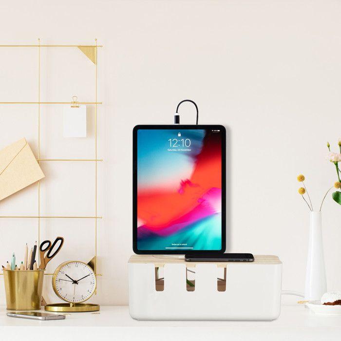 Relaxdays קופסת מסתור כבלים, ל-2 מפצלי חשמל, מכסה עץ, פלסטיק, גובה/רוחב/עומק : 11,5 x 30,5 x 12,5 ס"מ, לבן