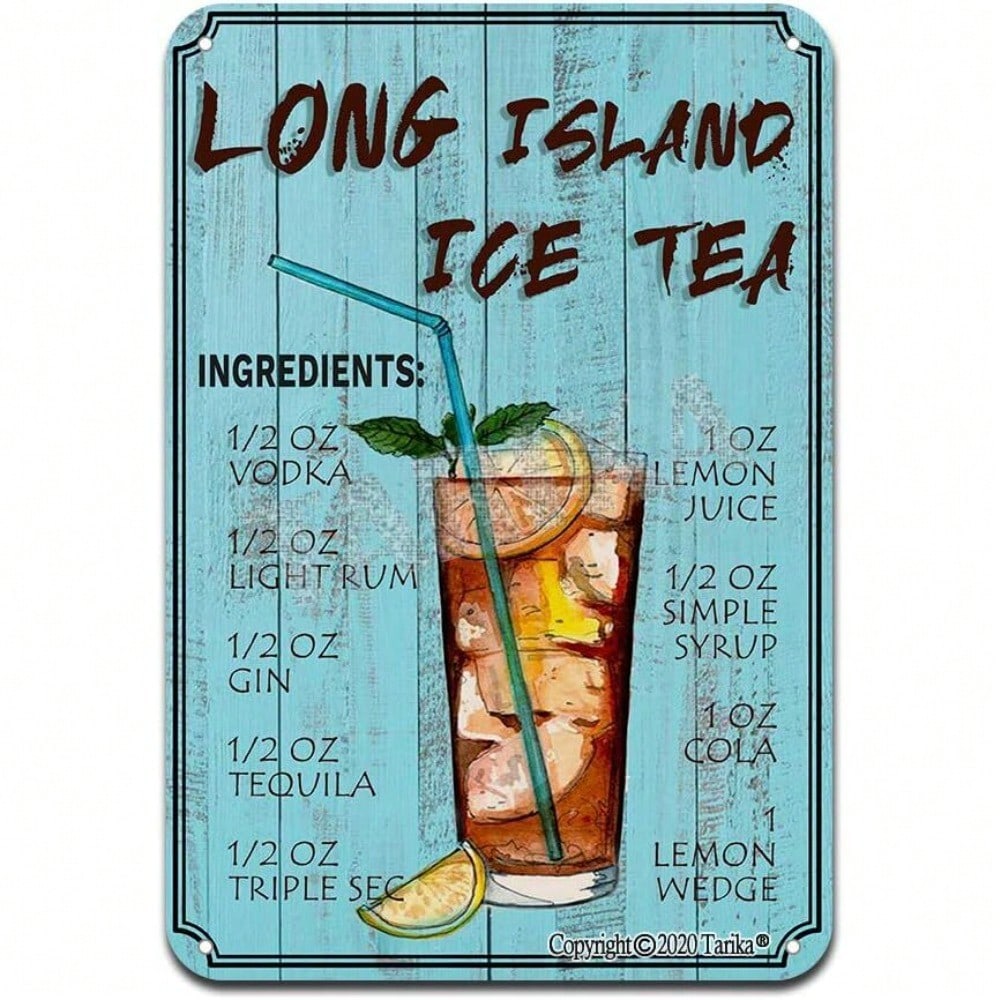 Vintage Metal Tin Sign Long Island Iced Tea Cocktail Recipe Bar Pub Wall Decor