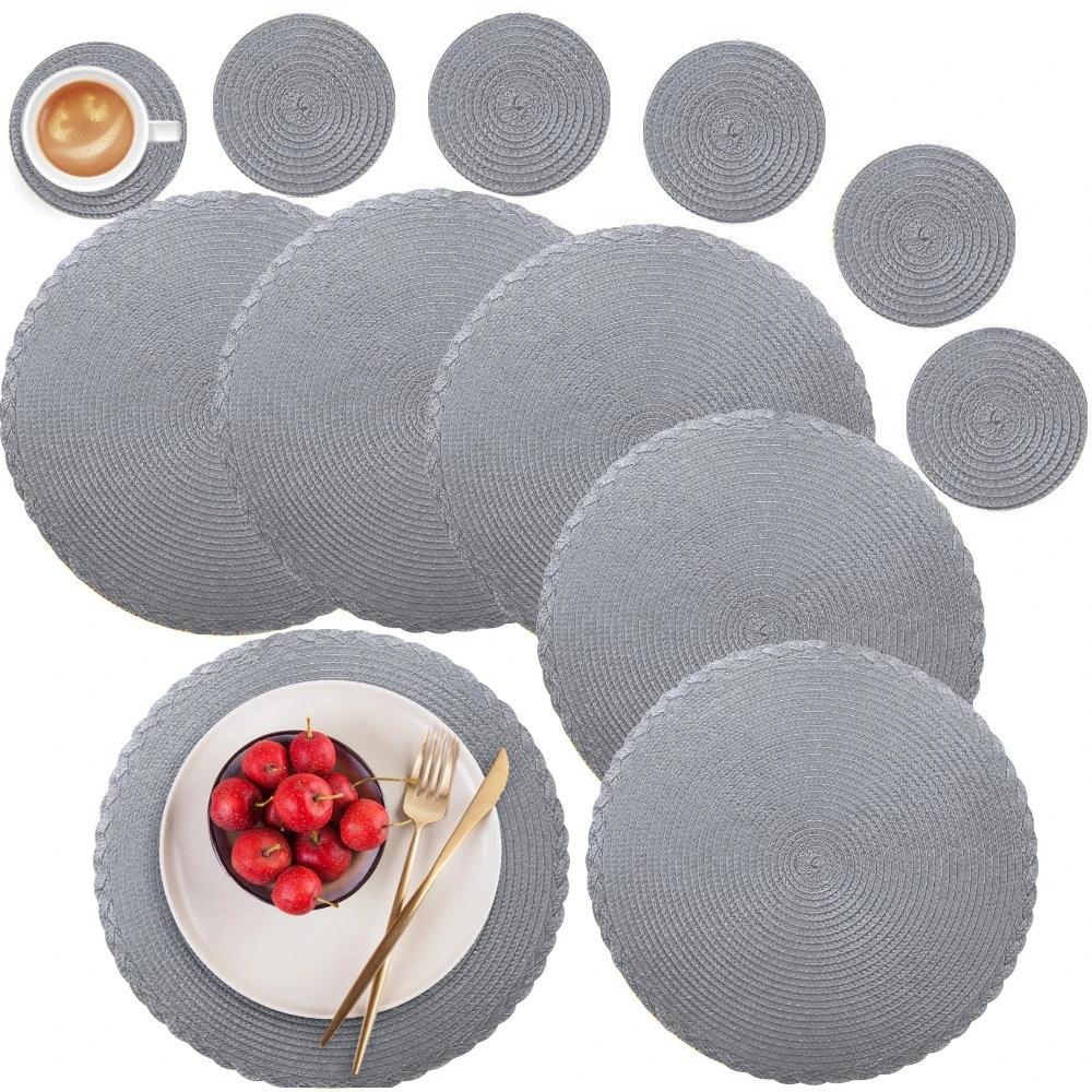 6Pcs Round Table Mat and Cup Coasters Set Woven Ramie Placemats Anti Slip Dining Placemats Non-Slip Tableware Bowl Pads Kitchen