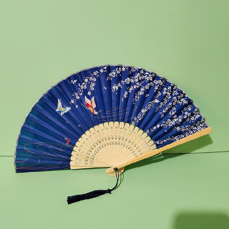 Folding Hand Fan with Tassels for Women Prom Parties Flower Butterfly Pattern Chinese Traditional Hand Fan for Collector